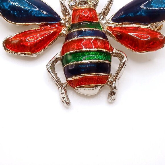 Vintage Bee Brooch Red Blue Green Striped Enameled Rhinestone Silver-tone Pin - Picture 3 of 10